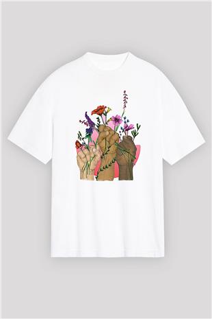 Kadınlar Günü Baskılı Beyaz Unisex Oversize Tişört - Tshirt