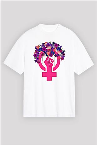 Kadınlar Günü Baskılı Beyaz Unisex Oversize Tişört - Tshirt