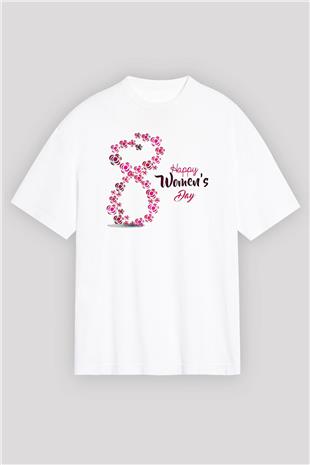 Kadınlar Günü Baskılı Beyaz Unisex Oversize Tişört - Tshirt