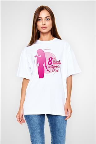 Kadınlar Günü Baskılı Beyaz Unisex Oversize Tişört - Tshirt