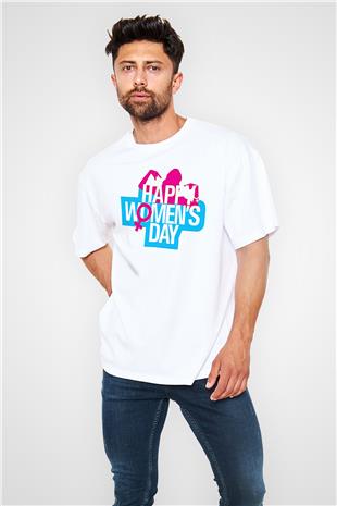 Kadınlar Günü Baskılı Beyaz Unisex Oversize Tişört - Tshirt