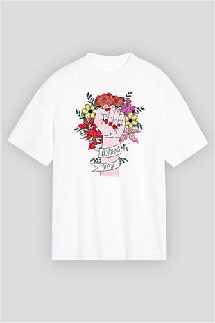 Kadınlar Günü Baskılı Beyaz Unisex Oversize Tişört - Tshirt
