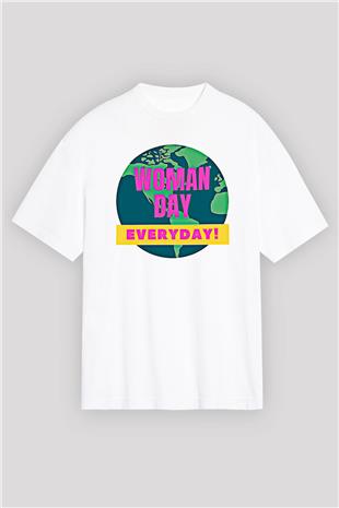 Kadınlar Günü Baskılı Beyaz Unisex Oversize Tişört - Tshirt