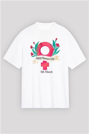 Kadınlar Günü Baskılı Beyaz Unisex Oversize Tişört - Tshirt
