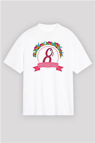 Kadınlar Günü Baskılı Beyaz Unisex Oversize Tişört - Tshirt