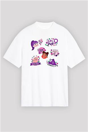 Kadınlar Günü Baskılı Beyaz Unisex Oversize Tişört - Tshirt