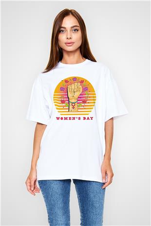 Kadınlar Günü Baskılı Beyaz Unisex Oversize Tişört - Tshirt