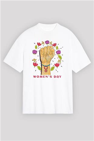 Kadınlar Günü Baskılı Beyaz Unisex Oversize Tişört - Tshirt