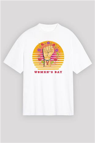 Kadınlar Günü Baskılı Beyaz Unisex Oversize Tişört - Tshirt