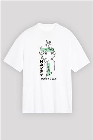Kadınlar Günü Baskılı Beyaz Unisex Oversize Tişört - Tshirt