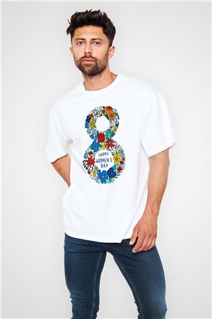 Kadınlar Günü Baskılı Beyaz Unisex Oversize Tişört - Tshirt