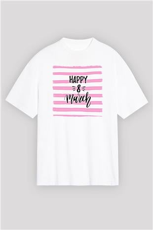 Kadınlar Günü Baskılı Beyaz Unisex Oversize Tişört - Tshirt