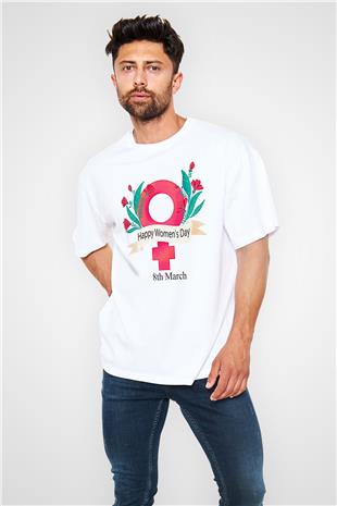 Kadınlar Günü Baskılı Beyaz Unisex Oversize Tişört - Tshirt