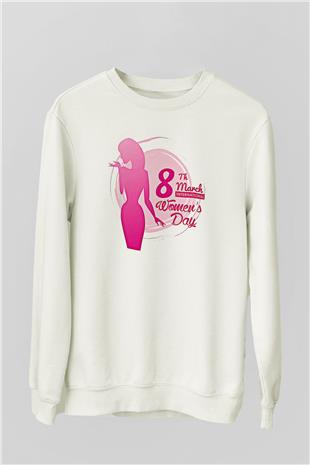 Kadınlar Günü Baskılı Beyaz Unisex Sweatshirt