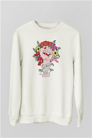 Kadınlar Günü Baskılı Beyaz Unisex Sweatshirt