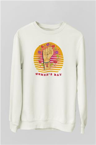 Kadınlar Günü Baskılı Beyaz Unisex Sweatshirt