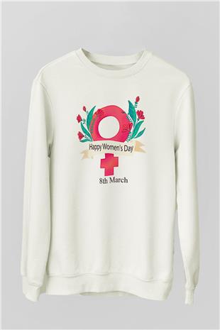 Kadınlar Günü Baskılı Beyaz Unisex Sweatshirt