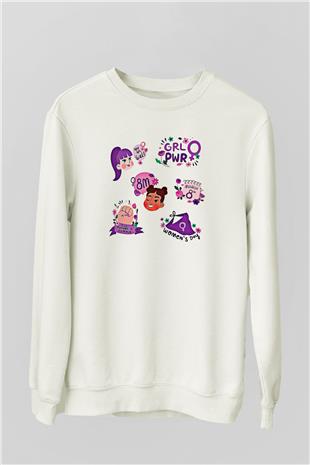 Kadınlar Günü Baskılı Beyaz Unisex Sweatshirt