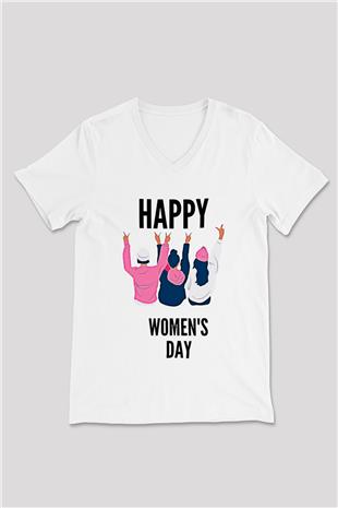 Kadınlar Günü Baskılı Beyaz Unisex V Yaka Tişört - Tshirt