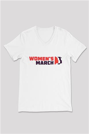 Kadınlar Günü Baskılı Beyaz Unisex V Yaka Tişört - Tshirt