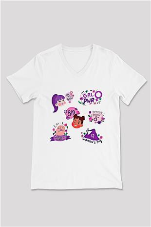 Kadınlar Günü Baskılı Beyaz Unisex V Yaka Tişört - Tshirt