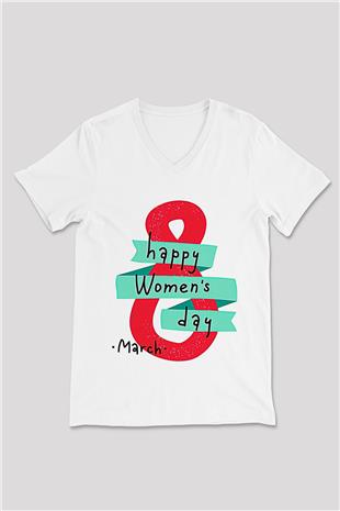 Kadınlar Günü Baskılı Beyaz Unisex V Yaka Tişört - Tshirt