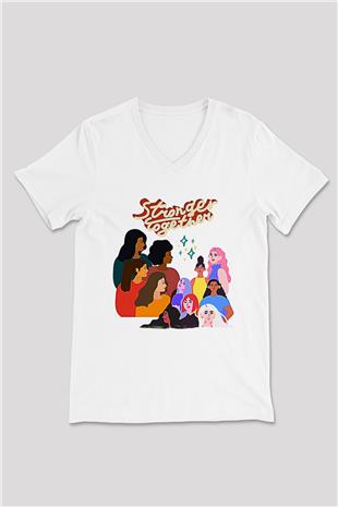 Kadınlar Günü Baskılı Beyaz Unisex V Yaka Tişört - Tshirt