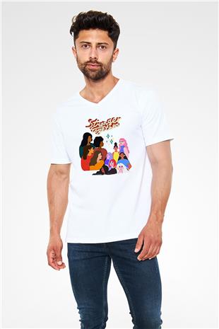 Kadınlar Günü Baskılı Beyaz Unisex V Yaka Tişört - Tshirt