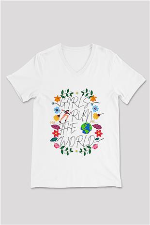 Kadınlar Günü Baskılı Beyaz Unisex V Yaka Tişört - Tshirt
