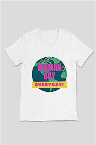 Kadınlar Günü Baskılı Beyaz Unisex V Yaka Tişört - Tshirt