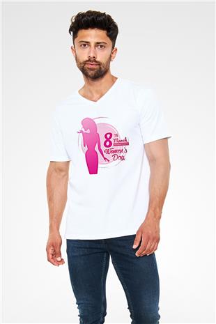 Kadınlar Günü Baskılı Beyaz Unisex V Yaka Tişört - Tshirt