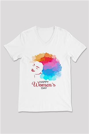 Kadınlar Günü Baskılı Beyaz Unisex V Yaka Tişört - Tshirt