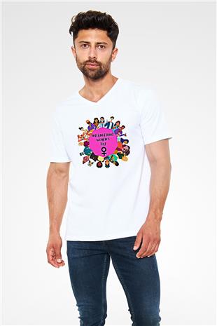 Kadınlar Günü Baskılı Beyaz Unisex V Yaka Tişört - Tshirt