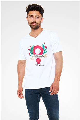 Kadınlar Günü Baskılı Beyaz Unisex V Yaka Tişört - Tshirt