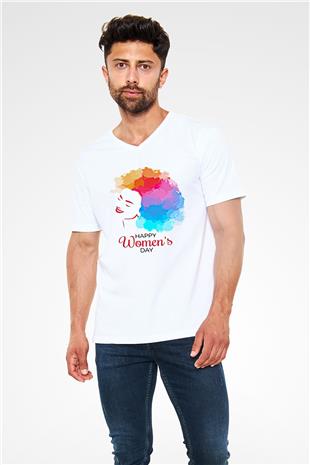 Kadınlar Günü Baskılı Beyaz Unisex V Yaka Tişört - Tshirt