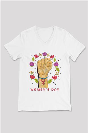 Kadınlar Günü Baskılı Beyaz Unisex V Yaka Tişört - Tshirt