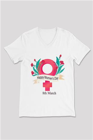 Kadınlar Günü Baskılı Beyaz Unisex V Yaka Tişört - Tshirt