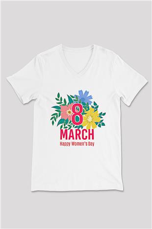 Kadınlar Günü Baskılı Beyaz Unisex V Yaka Tişört - Tshirt