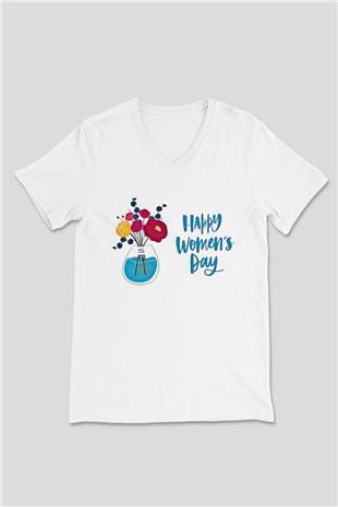 Kadınlar Günü Baskılı Beyaz Unisex V Yaka Tişört - Tshirt