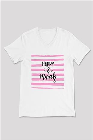 Kadınlar Günü Baskılı Beyaz Unisex V Yaka Tişört - Tshirt