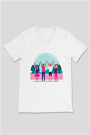 Kadınlar Günü Baskılı Beyaz Unisex V Yaka Tişört - Tshirt