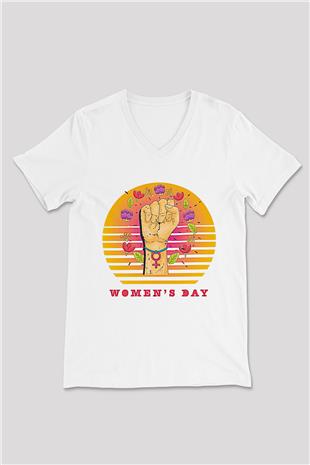 Kadınlar Günü Baskılı Beyaz Unisex V Yaka Tişört - Tshirt