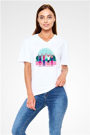 Kadınlar Günü Baskılı Beyaz Unisex V Yaka Tişört - Tshirt