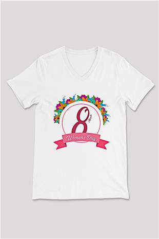 Kadınlar Günü Baskılı Beyaz Unisex V Yaka Tişört - Tshirt