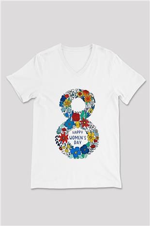 Kadınlar Günü Baskılı Beyaz Unisex V Yaka Tişört - Tshirt