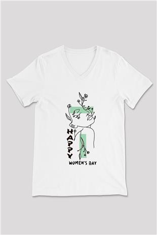 Kadınlar Günü Baskılı Beyaz Unisex V Yaka Tişört - Tshirt