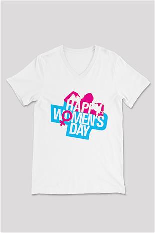 Kadınlar Günü Baskılı Beyaz Unisex V Yaka Tişört - Tshirt