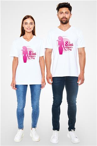 Kadınlar Günü Baskılı Beyaz Unisex V Yaka Tişört - Tshirt