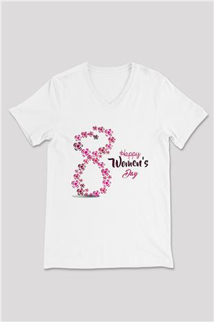 Kadınlar Günü Baskılı Beyaz Unisex V Yaka Tişört - Tshirt