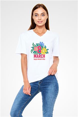 Kadınlar Günü Baskılı Beyaz Unisex V Yaka Tişört - Tshirt